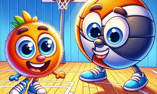 Benny, een energieke basketbal met een grote glimlach en sprankelende ogen, stuitert vrolijk op een basketbalveld, omringd door felle kleuren. Hij toont een uitdrukking van vreugde en opwinding, klaar om te spelen. Naast hem kijkt Boris, een grote, zware en ronde basketbal met een ruwe textuur en vriendelijke ogen, naar Benny met bewondering, met een vastberaden uitdrukking. Ze bevinden zich op een glanzend houten basketbalveld met goed afgebakende witte lijnen en kleurrijke baskets aan beide uiteinden. De zon schijnt door de ramen en verlicht de scène met warme licht. In deze illustratie werken Benny en Boris samen om een punt te scoren, waarbij Benny een dynamische sprong maakt om de bal naar Boris te passen, die zich voorbereidt om te schieten.