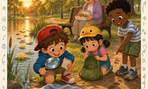 Un niño de 6 años, pelo castaño despeinado y gorra roja, rostro curioso y sonriente, inclinado junto a un estanque sostiene una lupa brillante y un pequeño cuaderno de dibujos; una niña de unos 5 años, con coletas y un sombrero con pato, mira tímidamente una toalla mojada en la orilla mientras sujeta una mini mochila verde abierta con migas; un niño de unos 7 años, con zapatos embarrados y camiseta de rayas, señala huellas húmedas en la tierra riendo; una vecina de unos 40 años, pelo gris recogido en moño, sonríe desde un banco de madera sosteniendo una caja de galletas; lugar: pequeño estanque de parque al anochecer con agua reflejando tonos naranja, juncos y nenúfares, césped algo húmedo y largas sombras; situación principal: el niño de 6 años descubre una toalla mojada junto al agua y examina las migas con su lupa mientras los demás lo rodean, luz dorada vespertina y ambiente tierno y alegre.