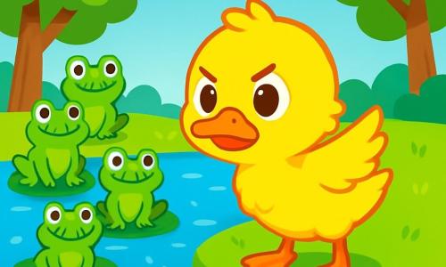 Flap, het kleine gele eendje met donzige veren en sprankelende ogen, staat aan de rand van een grote, glinsterende waterpartij, met een vastberaden uitdrukking op zijn gezicht. Zijn kleine vleugels zijn lichtjes uitgespreid, alsof hij zich voorbereidt om op te stijgen. In de buurt kijkt een groep groene kikkers met ronde, nieuwsgierige ogen toe, sommigen met een bemoedigende glimlach, terwijl anderen wat sceptisch lijken. Ze zitten op waterlelies, omringd door kleurrijke bloemen die op het water drijven. De plek is een mooie vijver, omringd door grote bomen met glanzende bladeren, en de lucht is helderblauw, met wollige wolken. Flap bereidt zich voor om in het water te springen om te proberen te vliegen, met een glans van hoop in zijn ogen, terwijl de kikkers hem aanmoedigen met hun vrolijke gezang.