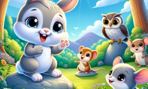 Ein kleiner Hase mit großen Ohren, einem weichen grauen Fell und neugierigen, funkelnden Augen steht auf einem Felsen in einer sonnigen Lichtung und lächelt begeistert, während er sich an seine Freunde wendet. Rechts von ihm applaudiert eine kleine Maus mit hellbraunem Fell und strahlenden Augen, während links von ihm eine weise Eule mit weißen und grauen Federn und runden Brillen auf der Nase aufmerksam zuschaut und freundlich lächelt. Die Lichtung ist von majestätischen Bäumen mit leuchtend grünen Blättern umgeben, und bunte Blumen schmücken den Boden, was eine festliche und einladende Atmosphäre schafft. Im Hintergrund ist der Himmel blau mit flauschigen weißen Wolken, die der Szene eine sanfte Note verleihen. Der kleine Hase erklärt leidenschaftlich die Bedeutung von Gleichheit unter allen Tieren, während die anderen Tiere aufmerksam zuhören, bereit, ihre Vielfalt zu feiern und gemeinsam einen Moment der Freude zu teilen.