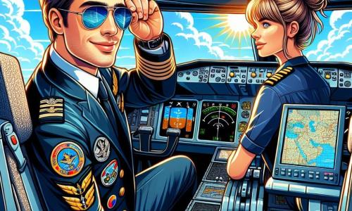 Un pilota di aereo, un uomo di circa trent'anni, sorridente e sicuro di sé, con capelli castani in disordine e occhiali da sole sulla fronte, si trova nella cabina di pilotaggio di un aereo. Indossa una giacca da pilota decorata con medaglie brillanti e guarda con meraviglia attraverso il finestrino. Accanto a lui, un'addetta al controllo del traffico aereo, una donna di circa 25 anni, con capelli biondi raccolti in uno chignon e un'uniforme blu scuro, consulta mappe di volo sul suo computer, mostrando un'espressione concentrata. La cabina è piena di pulsanti colorati e schermi luminosi, mentre il cielo blu si estende a perdita d'occhio, punteggiato di nuvole bianche e dal sole splendente. La scena principale mostra il pilota mentre si prepara al decollo, circondato dall'attrezzatura di volo, con un'atmosfera di eccitazione e avventura palpabile nell'aria.