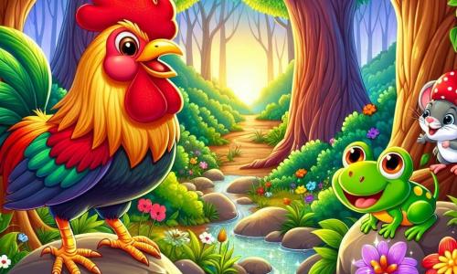 Un gallo dalle piume splendenti di rosso e oro, con una grande cresta lucente, si erge al centro della scena, mostrando un'espressione di determinazione e gioia. Accanto a lui, un piccolo topolino dagli occhi brillanti e dal pelo grigio, sorridente e pronto ad aiutarlo, si trova su una pietra, guardando il gallo con ammirazione. Non lontano, una rana verde con macchie gialle, appollaiata su una foglia, osserva la scena con curiosità, pronta a saltare per unirsi a loro. La scena si svolge in una foresta incantata, circondata da alberi maestosi con tronchi spessi e foglie lussureggianti, lungo un sentiero soleggiato, punteggiato di fiori colorati e funghi. Sullo sfondo, un ruscello scintillante serpeggia tra le rocce, aggiungendo un tocco di magia all'ambiente. Il gallo e i suoi amici sono in cerca di un misterioso fiore magico, e il gallo, con un'aria risoluta, si prepara a cantare per risvegliare la foresta e trovare la sua strada.