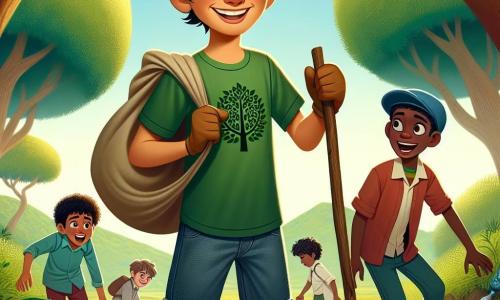 Un ragazzo di 12 anni, di nome Luca, si trova al centro della scena, con un ampio sorriso sul volto e pieno di determinazione. Ha i capelli castani disordinati, occhi brillanti di curiosità e indossa una maglietta verde con un motivo di albero e pantaloni corti di jeans. Tiene un sacco della spazzatura in una mano e un guanto nell'altra, pronto a raccogliere i rifiuti. Accanto a lui, il suo migliore amico Marco, anch'egli di 12 anni, ha i capelli biondi e indossa un cappellino blu. Ride mentre tiene un bastone per raccogliere i rifiuti, mostrando il suo entusiasmo per la missione. Sullo sfondo, alcuni compagni di classe, un ragazzo e una ragazza di circa 11 anni, sono impegnati a raccogliere bottiglie e carta, sorridendo e scambiandosi battute. La scena si svolge in una bellissima riserva naturale, circondata da alberi maestosi con foglie verdi brillanti, con un ruscello scintillante che serpeggia attraverso il paesaggio. Fiori colorati punteggiano il terreno, aggiungendo un tocco di magia all'ambiente. La situazione principale mostra Luca e i suoi amici in azione, intenti a raccogliere rifiuti nella natura, uniti dal desiderio di proteggere l'ambiente e restituire alla foresta la sua bellezza naturale.