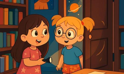 Ci sono 2 personaggi principali: Sofia, una ragazza di 6 anni con lunghi capelli castani e occhi scintillanti, indossa un vestito rosa con stelle bianche e tiene una piccola torcia; Giulia, una ragazza di 6 anni con capelli biondi a treccine e occhiali rotondi, indossa una maglietta blu e pantaloni corti a fiori, guarda con curiosità la porta della biblioteca. La scena si svolge in una biblioteca scolastica misteriosa, con scaffali di legno scuro pieni di libri colorati, poster di animali e pianeti decorano le pareti e una luce soffusa illumina il luogo, creando ombre danzanti. Al centro, un grande tavolo di legno è coperto di matite e fogli di carta. Sofia e Giulia, intrigate, si trovano davanti alla porta leggermente aperta della biblioteca, scambiandosi uno sguardo complice, pronte a scoprire il segreto che si nasconde all'interno, mentre una leggera eccitazione aleggia nell'aria e una luce misteriosa fuoriesce dall'interno.