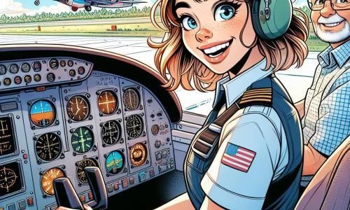 Een jonge vrouw, Lena, ongeveer 20 jaar oud, met kastanjebruin haar en pilotenbril, glimlacht opgewonden in de cockpit van een klein wit vliegtuig met rode strepen. Ze draagt een marineblauwe pilotenoverall, en haar ogen stralen enthousiasme uit terwijl ze zelfverzekerd de stuurknuppel vasthoudt. Naast haar staat een oudere man, meneer Smit, ongeveer 60 jaar oud, met grijs haar en een goed verzorgde baard, die haar trots observeert. Hij draagt een geruite shirt en een bril, en staat iets op de achtergrond, klaar om advies te geven. De cockpit is gevuld met kleurrijke instrumenten, met wijzers en knoppen die knipperen, terwijl het zonlicht door de grote ramen naar binnen stroomt en de ruimte verlicht. Buiten is een landingsbaan te zien, omringd door groene bomen en een stralende blauwe lucht met enkele donzige witte wolken. Lena staat op het punt om op te stijgen voor haar eerste solo vlucht, de motor van het vliegtuig bromt krachtig, en ze voelt een golf van vrijheid en avontuur, klaar om de lucht te verkennen.