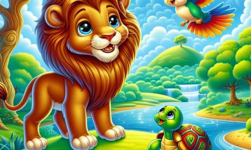Ein junger Löwe namens Leo mit einer schönen goldenen Mähne und entschlossenen Augen steht stolz auf einem grünen Hügel. Er lächelt breit, voller Mut und Enthusiasmus, bereit, seinen Freunden zu helfen. Neben ihm steht eine kleine Schildkröte namens Tilda mit einem grünen Panzer und weiser Augen, die Leo bewundernd ansieht, während sie auf einem flachen Stein steht. Ein bunter Vogel namens Fips mit leuchtend blauen, roten und gelben Federn fliegt fröhlich über ihnen und singt, um seine Freunde zu ermutigen. Die Szene spielt in einer bezaubernden Landschaft mit einem klarblauen Himmel, weißen, flauschigen Wolken, einem großen alten Baum im Hintergrund und einem glitzernden Bach, der durch das üppige Grün der Wiese fließt. Leo, Tilda und Fips sind vereint auf der Suche nach dem geheimnisvollen Wasser des Baches, während Leo einen wunderschönen, leuchtenden Stein berührt, der Hoffnung und Abenteuer symbolisiert.