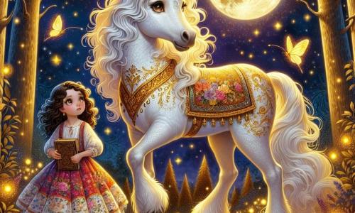 Eine prächtige weiße Einhorn, Auriel, steht majestätisch im Mittelpunkt der Szene, ihr Fell schimmert im Licht des Vollmonds. Ihre großen sanften Augen drücken Weisheit und Güte aus, während ihr goldener Horn in einem magischen Licht erstrahlt. Auriel steht stolz mit leicht gespreizten Beinen, bereit, ihre Freundin zu beschützen. Neben ihr steht Lila, ein zehnjähriges Mädchen mit braunen, lockigen Haaren, das ein buntes Kleid mit Blumenmustern trägt. Sie schaut Auriel bewundernd an, ihre Augen funkeln vor Neugier und Aufregung. Sie hält ein altes Buch in den Händen, den Blick auf das Einhorn gerichtet, als würde sie auf Anweisungen warten. Die Szenerie spielt in einem verzauberten Park, wo Bäume mit goldenen Blättern sanft im Wind tanzen. Glühwürmchen erleuchten die Luft und schaffen eine märchenhafte Atmosphäre, während ein funkelnder Bach durch die Landschaft schlängelt und die Sterne des Nachthimmels widerspiegelt. Die Hauptsituation zeigt Lila und Auriel, die das Geheimnis des Parks entdecken, während Lila einen geheimnisvollen Hinweis aus dem Buch liest und Auriel, aufmerksam und schützend, an ihrer Seite steht, bereit, sie auf ihrer Suche nach dem Kristall der Träume zu führen.