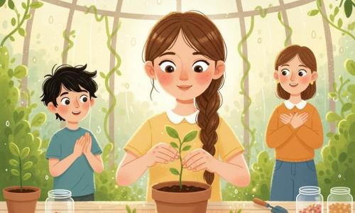 Mira, a radiant and focused 10-year-old girl with bright eyes and a gentle smile, brown hair in a braid, carefully plants a tiny seedling in a pot of dark soil while Jun, a curious and amazed 10-year-old boy with tousled black hair, stands slightly behind to the left and quietly applauds; Mira’s mother watches from the right background with a kindly, proud smile and crossed hands; the scene takes place in a glass-growing room with domed glass ceilings, vine-covered walls and golden sunlight through mist, a light wooden table cluttered with open jars, colorful seeds and small gardening tools, the soil around the pot glowing with a warm, coppery halo and tiny sparks of light floating above, capturing the intimate, hopeful moment as the girl gently waters the minuscule tree seed.