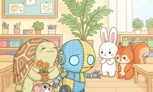 Pip, a small patchwork robot with one large blue eye and a single wheel leaving a faint trail, stands slightly forward with a tentative yet determined expression and an outstretched metal hand protecting Tessa, a large spotted, rounded-back turtle with a gentle, serene smile holding a small pot of orange flowers behind him; Mimi, a gray mouse with mischievous eyes, crouches encouragingly at Pip’s feet while Ruby, a white rabbit with big pink ears, looks surprised and embarrassed and Sam, a bright red squirrel, looks away in remorse; the bright, colorful classroom—pale yellow walls, light wood low tables, shelves of pencils, paint pots and plants, a large fern and a child artwork bulletin board—captures the moment Pip defends Tessa from teasing, in a warm, kind atmosphere with soft light, pastel palette with vivid accents and a minimal kawaii graphic style: clean lines, soft shading, fabric textures on the robot and realistic plant details.