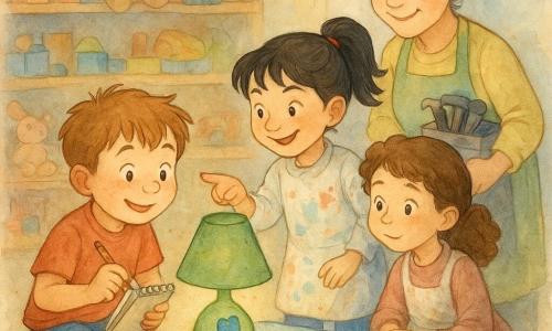 A curious smiling 6-year-old freckled boy with tousled light-brown hair crouches by a green lamp on a wooden tray holding a small notebook and pencil; a mischievous 5-year-old girl Mina with a black ponytail and paint-stained smock points at the lamp; a shy 6-year-old Ana with curly brown hair and flour-dusted sleeves watches from the play table with her hand on an apron; Mrs. Lopez, an adult woman with soft features and gray hair in a bun, stands behind the craft table holding a child-sized toolbox; setting: toy library with low wooden shelves, colorful blocks and stuffed animals, a round leaf-pattern rug, a paint-splattered play table and soft light through a fogged window; scene: a joyful little investigation as the boy finds a blue mitten in the lamp base, children gather around with visible clues (thread, paint stain, crumbs), warm collaborative mood, pastel watercolor textures and controlled splashes.