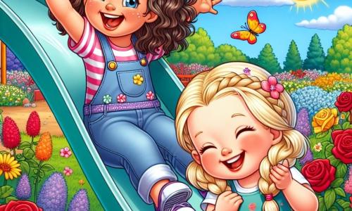 Mia is an 8-year-old girl with curly hair and shiny purple shoes. She is laughing while sliding down a large colorful slide. Next to her, Lily, a 7-year-old girl with a big smile and braided blonde hair, is joyfully clapping. The park is filled with bright flowers of all colors: red roses, bright yellows, and soothing blues. The sky is a deep blue with a few fluffy white clouds. In the distance, yellow and orange butterflies flutter around the flowers, adding a touch of magic to the scene. Mia and Lily are having fun together, sharing a moment of joy and friendship under the summer sun.