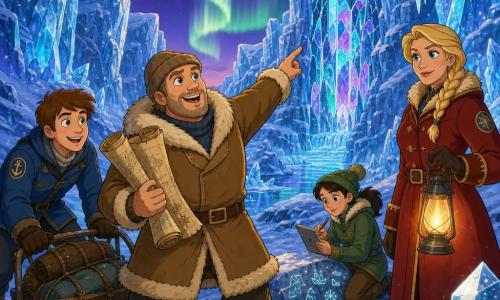 An explorer named Owen, round-faced with light stubble, bright eyes and a triumphant smile, wears a large light-brown fur coat, wool hat and thick boots; he holds two unfolded ancient maps in one hand and points to the valley with the other, proud and amazed. Captain Ingrid, about 45, fair-skinned with braided blonde hair, gentle but determined, wears a dark red coat and gloves, stands slightly behind Owen to his right smiling and holds a lantern casting warm light. A sailor boy, about 16, short chestnut hair and an eager face, wears a blue jacket and helps push a sled, positioned left of Owen in the foreground. A sailor girl, about 14, dark hair in a ponytail, curious expression, wears a green beanie and notes symbols on a small tablet, sitting on an ice block near a frozen waterfall. The setting is a hidden Arctic valley: shimmering translucent iceberg walls, sparkling white snow, a stained-glass–shaped frozen waterfall with turquoise and violet reflections, crystalline ice stalactites, and a twilight sky with green and violet auroras. The main scene shows the triumphant discovery: Owen centered pointing at the frozen waterfall, the warm lantern light contrasting with the valley’s cold light, faces full of wonder, clear dynamic composition, saturated colors, crisp outlines, 90s cartoon style, magical adventurous atmosphere.