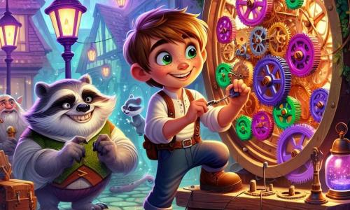 An 8-year-old boy named Oliver, with autumn-colored hair and a bright smile, stands in the center of the image, his eyes sparkling with excitement as he manipulates colorful gears inside a large mechanical clock. Beside him, a small raccoon named Remy, with mischievous eyes and grayish fur, curiously watches while holding a small tool in his paws. In the background, a jovial troll named Tobias, with greenish skin and a bushy beard, stands near a purple streetlamp, smiling and applauding Oliver's efforts. The setting is a secret courtyard hidden behind an alley, filled with climbing plants and twinkling lanterns, where fantastical creatures mingle with mechanical objects. Enchanted pigeons fly around them, while a soft golden light illuminates the scene, creating a magical and warm atmosphere. The main focus shows Oliver and Remy repairing the large clock, united in their quest to restore harmony between magic and mechanics, surrounded by their fantastical friends who cheer them on.
