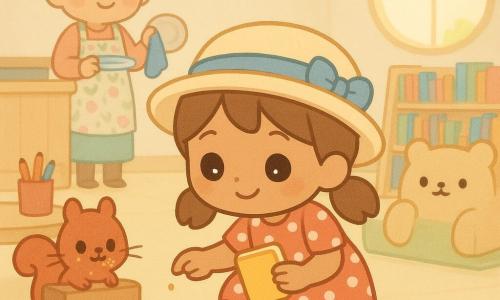 A joyful, focused 6-year-old girl with big bright eyes and light-brown pigtails wears a soft hat with a blue ribbon, a red polka-dot dress and red shoes; she crouches, following a trail of sticky crumbs across the floor while holding a small yellow notebook. An adult woman (about 40), kind and smiling with light-gray hair in a bun and a floral apron, stands in the background by a wooden counter, raising a blue cloth as if she found an empty plate. A small red squirrel with round eyes and crumb-dusted whiskers sits behind a box of wooden blocks, cheeks puffed and a crumb on its nose. A large beige bear-shaped cushion sits beside a colorful reading corner with low shelves and bright-covered books. Interior: a bright community center with pale-yellow linoleum floor, light-wood low tables, colorful bunting, red and blue pencil pots on a table, and a large round window letting in warm light. Main scene: the little detective follows a winding line of sticky crumbs between tables and toy boxes leading to the guilty squirrel hidden behind the block stack; soft colors, simple shapes, exaggerated expressions, centered and child-friendly composition.