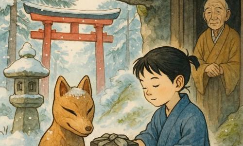 Ren, a young man with calm, focused features and his black hair tied in a simple cord, gently places a small dark-lacquered box wrapped in ash-gray cloth on the stone of a tiny wayside shrine beneath a rock near a vermilion torii; a wooden fox mask with narrow carved eyes and a faint smile lies tilted on the stone, dusted with snow and seeming both shy and mischievous, and Ren sets a small orange persimmon beside it as an offering while an elderly monk in an ochre robe watches benevolently from the temple entrance amid snow-dusted pines, fluttering white paper garlands and a stone lantern, the clear morning light casting long soft shadows.