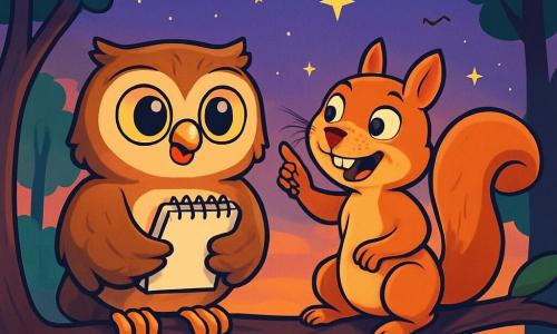 Lila, a small owl with soft brown feathers, perches on a sturdy branch, her large golden eyes shining with excitement and hope. She looks joyfully and determinedly while holding a small notebook in her paws. Next to her, Sam, a mischievous squirrel with a bushy tail and reddish fur, sits on a nearby branch, smiling enthusiastically. His eyes sparkle with curiosity as he points to the starry sky, ready to share his ideas. The scene takes place in an enchanted forest, bathed in the soft light of dusk, where majestic trees surround them, their leaves rustling gently in the wind. The sky is tinted with shades of purple and orange, dotted with twinkling stars. Lila and Sam are planning a surprise for their parents, happily discussing their picnic project under the stars, filled with enthusiasm and hope to bring harmony back to their families.