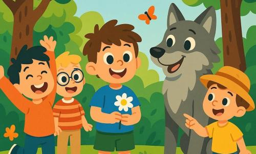 There are 5 characters: Oliver, an 8-year-old boy with messy brown hair and a big smile, wearing a blue t-shirt and green shorts, stands in the center holding a silver flower, looking curiously at the wolf. Leo, a 7-year-old with blond hair and round glasses, is slightly behind in a red striped shirt and beige pants, wide-eyed with excitement. Max, a 6-year-old with black hair and freckles, wears an orange sweatshirt and jeans, jumping joyfully to the left of Oliver with arms raised. Finn, a 5-year-old with brown hair and a straw hat, is to the right of Oliver in a yellow t-shirt and blue shorts, smiling and pointing at the wolf. The Wolf, a large gray wolf with bright eyes, has just transformed into a friendly one, sitting on its hind legs with a warm smile near the boys. The scene takes place in the Whispering Forest, a magical place with tall, thick-trunked trees, shiny green leaves, and sunlight filtering through the foliage, creating dancing shadows on the mossy ground, with colorful flowers and butterflies adding joy to the atmosphere. The main situation shows the boys surrounding the transformed wolf, all smiling and filled with joy, celebrating together with arms raised, while the now-friendly wolf looks at them gratefully, ready to become their friend.