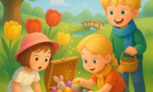 Three children in a bright spring garden: Mia, 6, short brown hair and pink hat in a white‑polka‑dot dress kneeling left of a painted wooden chest, Tom, 7, tousled blond hair with a blue scarf and green sweater standing slightly behind the chest on the right holding a small basket and smiling, and Lily, 5, braided blond hair with a yellow scarf and floral skirt crouched center front reaching to touch a painted egg; they open a small garden‑painted wooden chest filled with colorful Easter eggs, a plush bunny and scarves, joyful expressions, vivid colors and golden morning light highlighting the shiny eggs and weathered wood, tulips, an old oak, a little wooden bridge and floating specks of colored glitter in the air.