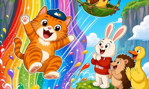 An orange tabby cat with white paws, big whiskers and bright round eyes wears a small meteorologist's beret and laughs with a paw raised as it slides down a wide rainbow waterfall like a waterslide; above it a small smiling snail pilot with a smooth spiral shell and aviator goggles sits in a leaf-and-twig gondola, while Benny the white-eared rabbit, a brown hedgehog and a yellow goose watch from a grassy ledge, applauding; the scene shows swirling colors, sparkling splashes, dynamic motion lines and joyful expressions in a playful, flat-colored, bold-outlined style.