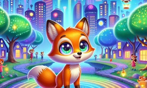 Un pequeño zorro llamado Zorrito, con un pelaje naranja brillante y ojos chispeantes de curiosidad, se encuentra en el centro de una ciudad futurista, Lumibrillo. Tiene una expresión de asombro en su rostro, con las orejas erguidas y la cola moviéndose, mientras observa a su alrededor. A su derecha, un robot sonriente, con una cabeza redonda y brazos articulados, ilumina su rostro con una pantalla alegre. Tiene ojos en forma de corazón y parece amigable, listo para ayudar a Zorrito en su aventura. El decorado es una ciudad resplandeciente, con árboles de hojas luminosas que brillan como estrellas, casas en forma de nubes flotantes y coches voladores que se deslizan suavemente por el cielo azul. Niños juegan con globos flotantes, añadiendo un toque de vida a esta escena mágica. Zorrito, perdido pero curioso, explora este fascinante mundo, rodeado de luces coloridas y sonidos alegres, buscando una manera de regresar a casa mientras descubre las maravillas de Lumibrillo.