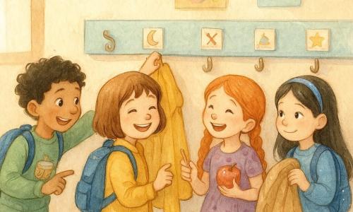Quatro crianças, cerca de 6 anos: Leonor, cabelo castanho curto, sorriso largo, veste casaco mostarda e pequena mochila azul, está no centro colocando seu casaco num gancho marcado por uma lua; Tomás, cabelo preto encaracolado com mancha de chocolate na bochecha, veste um moletom verde com tambor, está à esquerda apontando outra etiqueta; Íris, tranças ruivas longas, vestido com bolinhas roxas, segura uma maçã e uma caneta perfumada, está à direita rindo; Matilde, nova aluna, cabelo preto liso com faixa brilhante e mochila cintilante, segura um casaco grande e estende a mão para pegá‑lo; corredor escolar claro e acolhedor com azulejos claros, grande cabideiro de madeira pintado em tons pastéis com ganchos etiquetados (lua, tambor, moinho, estrela), pôsteres coloridos e luz suave pela janela; cena de volta às aulas em que as crianças se ajudam a encontrar e pendurar seus casacos, mostrando gentileza e descoberta.