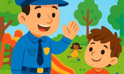 Een glimlachende politieagent, een man van ongeveer dertig jaar, draagt een felblauw uniform en een grote pet. Zijn gezicht is vriendelijk, met sprankelende ogen en een brede glimlach. Hij begroet kinderen in een zonnig park. 

Een jongetje van ongeveer 6 jaar, met rommelig bruin haar en een rode t-shirt, kijkt bewonderend naar de politieagent. Hij staat naast een kleurrijke glijbaan, met de armen gekruist en een grote glimlach op zijn gezicht. 

Het park is vol groen, met bomen met heldere bladeren en kleurrijke bloemen. Kinderen spelen rondom, sommigen op schommels, anderen rennend over het groene gras. 

De belangrijkste situatie toont de politieagent die vrolijk interactie heeft met het jongetje, waarbij hij het belang van veiligheidsregels uitlegt terwijl ze een moment van geluk en kameraadschap delen.