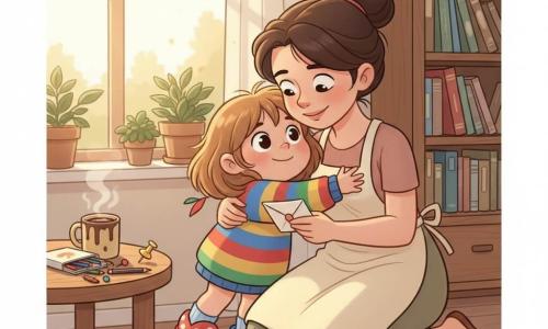 Una niña de 6 años, alegre y algo tímida, pelo castaño claro despeinado, ojos redondos y brillantes, con un suéter a rayas colorido y calcetines desparejados, ofrece un dibujo arrugado y una pequeña carta doblada; la madre, de unos 32 años, dulce y emocionada, pelo oscuro recogido en un moño flojo y con delantal crema, lee la carta con una sonrisa tierna y abraza a la niña; en la mesa cercana hay una taza de chocolate caliente humeante, una caja de lápices de colores volcada y una chincheta de colores lista para colgar el dibujo; la estancia es una cocina-salón luminosa con una gran ventana que deja entrar un rayo de sol dorado, plantas en el alféizar, una estantería con libros y una mesa pequeña de madera; momento de ternura doméstica — madre e hija abrazadas, el dibujo pronto en la pared, luz cálida, detalles naïf, estilo suave y expresivo de los años 90, colores pastel vivos, contornos nítidos y emociones legibles.