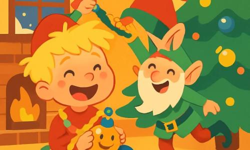 Een 4-jarig jongetje genaamd Finn, met rommelig blond haar en sprankelende ogen van vreugde, zit op de grond omringd door kleurrijke slingers en glinsterende kerstballen. Hij glimlacht breed, met blosjes op zijn wangen van opwinding, terwijl hij een kerstbal met een lachend gezicht vasthoudt. Naast hem springt een ondeugende elf, klein en speels, met een puntige rode hoed en een witte baard, vrolijk rond. Hij heeft een grote ondeugende glimlach en draagt groene kleren versierd met belletjes die rinkelen bij elke beweging. De elf leunt voorover om een sprankelende slinger op Finns hoofd te hangen. De scène speelt zich af in een warme woonkamer versierd voor Kerstmis, met een grote bakstenen open haard, opgehangen sokken en een majestueuze kerstboom die van duizenden lichtjes straalt. Sneeuwvlokken vallen zachtjes buiten door het raam, wat een magische sfeer toevoegt. Finn en de elf zijn samen de boom aan het versieren, lachend en plezier makend, terwijl kleurrijke kerstballen en glinsterende slingers om hen heen verspreid liggen. De sfeer is vol vreugde, gelach en de magie van Kerstmis.