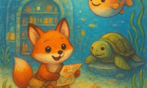 Ein kleiner roter Fuchs, runde glänzende Augen, fröhlicher stolzer Ausdruck, hält eine alte bunte Karte in seinem kleinen Leinensack und sitzt auf einem Korallenfelsen im Vordergrund; ein bunter Kugelfisch Bodo, pummelig mit orange-blauen Mustern und wohlwollendem Lächeln, schwimmt leicht oberhalb rechts vom Fuchs; eine weise alte Schildkröte Mira, Panzer in Grün- und Brauntönen und sanfter einladender Blick, steht am Eingang der Unterwasserbibliothek auf einem Steinsockel; die Bibliothek ist eine große gläserne Kuppel mit Wänden aus leuchtenden bunten Steinen, Regalen aus Muscheln und wasserdichten Büchern und kleinen biolumineszenten Laternen; klares Wasser mit goldenen Lichtstrahlen, Schwärmen leuchtender Fische im Hintergrund, langen welligen Meerespflanzen und Sandboden mit kleinen Seesternen; Hauptszene: Übergabe der Karte an die Schildkröte am Bibliothekseingang, warme Atmosphäre, lebhafte Pastellfarben, sanfte Kontraste, cremige Texturen und leicht unscharfe Konturen im Stil von Fettpastell.