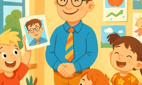 Ein lächelnder Lehrer, ein Mann in den Vierzigern mit braunen Haaren und runden Brillen, steht in der Mitte des Klassenzimmers. Er trägt ein blaues Hemd und eine bunte Krawatte und sieht fröhlich und stolz aus, während er seine Schüler ansieht. Rechts von ihm hebt Tim, ein 8-jähriger Junge mit zerzausten blonden Haaren und einem roten T-Shirt, begeistert die Hand und hält ein buntes Bild seines Lehrers. Links rezitiert Lina, ein 7-jähriges Mädchen mit braunen Zöpfen und einem Blumenkleid, mit einem großen Lächeln ein Gedicht, umgeben von ihren Mitschülern, die aufmerksam zuhören. Die Szene spielt in einem hellen Klassenzimmer mit Wänden, die mit Kinderzeichnungen und Bildungsplakaten dekoriert sind. Sonnenlicht strömt durch die Fenster und erhellt die Holztische, auf denen bunte Stifte und Bücher liegen. Die Hauptsituation zeigt den Lehrer, der das Ende des Schuljahres mit seinen Schülern feiert, die fröhlich singen und tanzen, erfüllt von Aufregung und Stolz über ihre Leistungen.