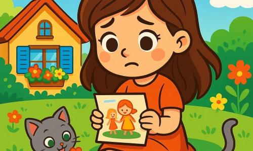 Una bambina di 6 anni, Sofia, con lunghi capelli castani e occhi scintillanti, è seduta sull'erba verde di un giardino soleggiato. Ha un sorriso dolce ma uno sguardo un po' triste, tenendo in mano una lettera colorata. Accanto a lei, un gattino grigio, Ombretta, con occhi verdi brillanti, gioca con un fiore, portando gioia alla scena. Sullo sfondo, si vede una casetta accogliente con persiane blu e fiori colorati che circondano il giardino. Il cielo è di un blu vivace, punteggiato da nuvole bianche e soffici. Sofia, guardando la lettera, ricorda i momenti trascorsi con la mamma a giocare insieme, mentre Ombretta, curioso, si avvicina a lei, pronto a offrirle conforto. La scena trasmette un'atmosfera di tenerezza e speranza, illustrando il legame speciale tra Sofia e il suo amico a quattro zampe.