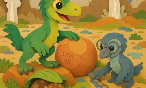 Un giovane velociraptor sorridente e determinato dal piumaggio morbido verde e giallo, grandi occhi brillanti e lunghe unghie arrotondate, appoggiato su una pietra riscaldata con una zampa su una grande pietra che respira; Tro, un piccolo e astuto troodonte dal piumaggio grigio-azzurro e occhiali di carta, inginocchiato accanto al velociraptor ad allineare ciottoli per formare un canale; un cucciolo di ankylosauro tremante con corazza rotonda e macchie brune avvolto in una foglia d'erba offerta dal velociraptor, sdraiato vicino alla pietra; luogo: campo di geyser colorati con colonne di vapore bianche e arcobaleni, rocce lisce, muschi verdi, licheni blu, pozze luccicanti e fessure luminose nel terreno; situazione: i personaggi collaborano per risvegliare la pietra e far scaturire un getto d'acqua limpida che scorre tra i ciottoli in un piccolo ruscello, atmosfera dolce, calda e di mutuo aiuto.