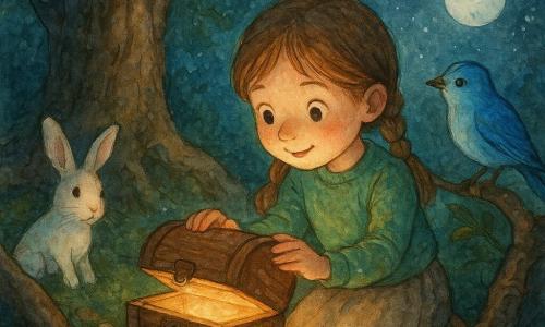 Una bambina di 6 anni dagli occhi grandi e capelli castano chiaro in due trecce, volto curioso e sorriso timido, con maglione verde e gonna di tela, inginocchiata ad aprire un piccolo scrigno di legno fra le radici di un albero; meravigliata e concentrata, mani delicate che sollevano il coperchio mentre una luce calda illumina il suo viso; un uccello azzurro è su un ramo basso a destra, attento e inclinato verso lo scrigno; un coniglietto bianco con una zampa tremante esce dietro una radice a sinistra, sguardo riconoscente e orecchie dritte; bosco notturno con muschio, foglie umide e radici nodose che formano un'alcova, l'albero ha foglie lucenti come lanterne; scena illuminata dalla luna argentata e dal bagliore caldo dello scrigno contro un cielo stellato, atmosfera dolce, colori pastello e texture acquerello con leggere spruzzature intorno ai contorni.
