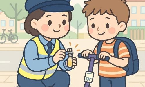 Politiere van ongeveer 35 jaar met rond, glimlachend gezicht en kort bruin haar, in lichtblauw uniform met geel reflecterend vest, knielt naast een paarse step en smeert zachtjes een bel met een klein flesje olie; vriendelijk en zorgzaam. Een jongen van circa 10 jaar met rode wangen, gestreept T‑shirt en te grote rugzak houdt het stuur en kijkt opgelucht en vol bewondering achter haar. Aan de bel hangt een wit label met Sofie — groep 7 in kinderlijk handschrift. Locatie: lichte woonstraat met crèmekleurig trottoir, geparkeerde fietsen, lage pastelhuizen, groene bomen en een school met houten hek op de achtergrond. Rustig, veilig en warm moment; de bel glanst en geeft een klein “ping”.