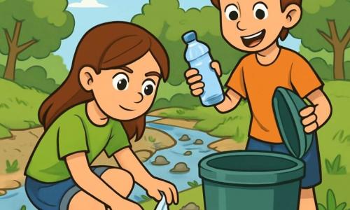 Una niña de 12 años, con cabello castaño y ojos curiosos, está agachada al borde de un arroyo. Lleva una camiseta verde brillante y un short de mezclilla, y su rostro expresa una determinación alegre. A su lado, un niño de 12 años, con cabello castaño desordenado y una sonrisa entusiasta, sostiene una botella de agua de plástico, listo para tirarla a un cubo de basura. En el fondo, el arroyo, antes lleno de agua, ahora es apenas visible, con piedras y plantas verdes que emergen. El cielo es azul con algunas nubes blancas y árboles frondosos bordean las orillas, creando una escena a la vez hermosa y preocupante. Los dos niños están recogiendo basura a lo largo del arroyo, decididos a limpiar su entorno y salvar su río, mientras discuten la importancia de proteger la naturaleza.