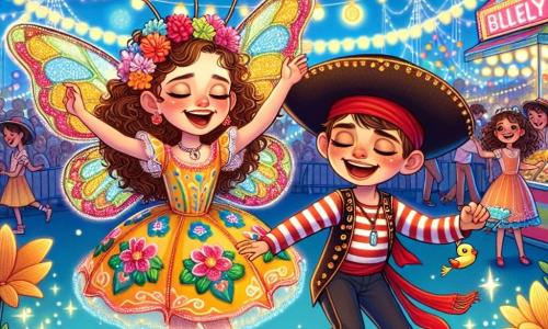 Una niña de 10 años, Clara, con cabello castaño y rizado, lleva un disfraz de mariposa colorido, con alas brillantes y motivos florales. Su rostro irradia alegría y emoción mientras baila en el carnaval, rodeada de luces centelleantes. A su lado, Miguel, un niño de 10 años disfrazado de pirata, con un pañuelo rojo y una camisa a rayas, ríe al intentar imitar los pasos de baile de Clara. Sostiene un pequeño pato de peluche que ganó en el tiro al blanco. El decorado es un parque vibrante, lleno de puestos coloridos, globos flotantes y guirnaldas luminosas, donde los niños se divierten y bailan bajo un cielo azul salpicado de nubes blancas. La escena principal muestra a Clara y Miguel bailando alegremente en medio de una multitud de personas sonrientes, capturando el espíritu festivo y mágico del carnaval.