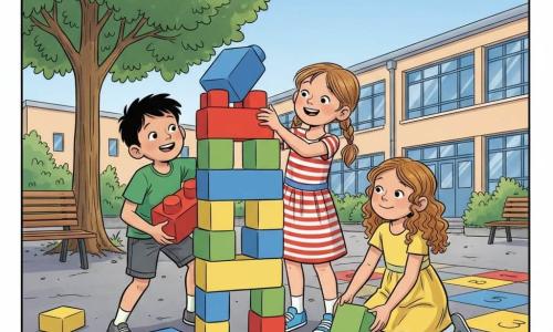 Una bambina di 8 anni, felice e rassicurata, capelli castano chiaro a codini, posa delicatamente un grosso blocco colorato su una torre multicolore; indossa un vestito a righe rosse e bianche e scarpe da ginnastica blu. Un ragazzo di circa 8 anni, Marco, entusiasta e sorridente, capelli corti neri, maglietta verde, tiene un grande blocco rosso e lo aggiunge alla parte alta della torre a sinistra della bambina. Una bambina di circa 8 anni, Lucia, calma e gioiosa, capelli lunghi e ricci, vestito giallo, stabilizza la base larga della torre a destra. Scena nel cortile della scuola con asfalto dipinto con giochi di strada, un grande albero, panchine di legno, edificio scolastico ocra con finestre blu sullo sfondo, cielo azzurro con nuvole. I tre costruiscono insieme una grande torre alta e larga con blocchi di plastica colorati, sorrisi e gesti di cooperazione, poche mattonelle cadute, atmosfera luminosa, colori vivaci e contorni netti in stile fumetto europeo caldo.