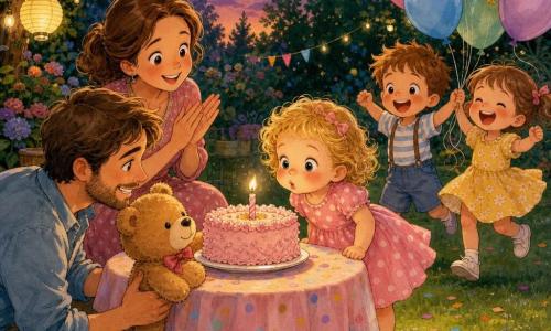 A happy 2-year-old girl with curly blonde hair in a pink polka-dot dress and white shoes blows out a small candle on a fluffy pink cake in a home garden at dusk, surrounded by a smiling tender mother (about 30) clapping, a proud bearded father (about 32) crouched nearby, two laughing child friends (3–4) holding colorful balloons, green grass, hanging lanterns and garlands, pastel-covered wooden table, and confetti ready to fall in a warm, joyful atmosphere.