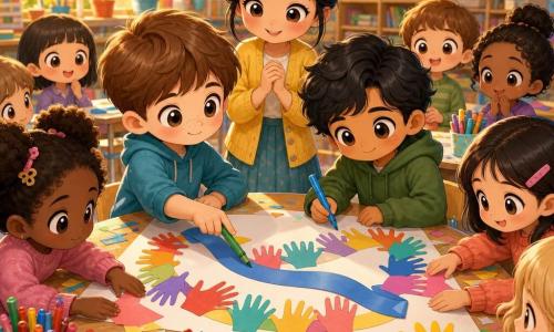 A 10-year-old boy named Milo, fair skin with freckles, short brown hair, gentle focused expression, slightly smiling, holding a green marker and pointing at a large poster on the table; a 10-year-old boy named Amir, Middle Eastern/Arab appearance, olive skin, wavy black hair, shy but cheerful, writing "hello" in Arabic on the poster's ribbon with a blue marker, sitting next to Milo; Mrs. Kwan, an Asian adult woman with black hair in a bun and a kind expression, stands behind them smiling and observing; chibi-style children of diverse backgrounds in the background, some watching, others sticking colorful cut-out hands onto the poster; bright classroom turned into a craft corner with large windows and golden sunlight, a round table covered with white paper, markers, scissors, glue and scraps of colored paper; main scene: Milo and Amir creating a welcome poster made of multicolored hand cutouts forming a garland and a long ribbon bearing "hello" in several languages, with a vivid palette (yellow, turquoise, coral), soft rounded shapes and paper textures, warm inclusive atmosphere.