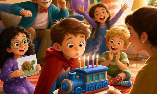 A 6-year-old boy with a round freckled face, short light brown hair, and a shy smile wears a red cape with a silver M and gently blows out five candles on a blue train-shaped cake; Lila, about 6, with curly black hair, thick green glasses and a purple polka-dot dress stands left holding a card with a turtle; Sam, about 6, with tousled blond hair and mismatched socks stands right applauding; Noor, about 6, with tan skin and long braids laughs behind the cake with hands raised near a balloon; a gray-haired grandfather with bushy brows and a funny hat does a little seated dance on the blue velvet couch behind them; the mother, about 30, hair tied back, smiles proudly holding the cake in the foreground; the warm, colorful living room has multicolored paper garlands, shiny balloons, a red-orange striped rug, a blue velvet couch and soft light through a striped curtain; the scene captures the joyful calm moment as the boy blows out the candles, light smoke rising and confetti ready to fly.