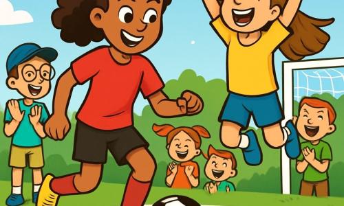 Maya, an athletic young woman with curly hair and a bright smile, dribbles a soccer ball on a sunny field, her eyes sparkling with excitement. She wears a bright red jersey and black shorts, her expression showing joyful determination. Next to her, Carla, a 12-year-old girl with long, smooth hair, jumps for joy after scoring a goal, her arms raised in victory. A group of children, including Tom, a 10-year-old boy with glasses and a cap, claps and smiles, surrounding the field with faces glowing with enthusiasm. The setting is a lush green soccer field, marked with well-defined white lines, under a clear blue sky dotted with a few white clouds. The main scene shows Maya and her young friends having fun together, playing soccer with energy and joy, creating an atmosphere of camaraderie and happiness.