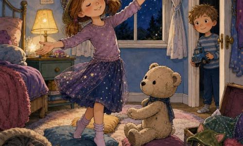 Molly, a dreamy 10-year-old girl with light brown pigtails and a glitter explorer hat, dances slowly in socks with arms wide as if reaching for stars while holding Sir Fluffington, a slightly worn beige teddy with sewn black eyes, on her lap; Joey, a curious six-year-old with tousled hair, watches smiling from the doorway with a small blue truck; a gray tabby cat sleeps curled on the rug; the cozy bedroom has pale blue walls, colorful soft cushions, a fluffy blanket, an open dress-up box with a green earred cap, a half-open curtain revealing a starry sky, and warm bedside lamp light as Molly performs the 