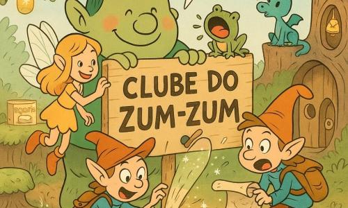 Um ogro chamado Bento, grande e verde, rosto redondo e nariz arrebitado, tímido mas feliz, segura um grande cartaz de madeira escrito CLUBE DO ZUM-ZUM e acrescenta letras com uma mão desajeitada; à esquerda, a fada Lili, cabelos mel, pequenas asas translúcidas e botas brilhantes, toca o ombro dele com sorriso encorajador; à direita, o duende Pipo, baixinho com uma grande sacola e chapéu pontudo, desenrola um pergaminho antigo que espalha glitter; atrás, sobre um toco, o dragonete Neco, pequeno e azul, solta uma fumaça fina observando curioso; sobre o cartaz um sapo cantor verde solta um “PUM!” cômico; cenário: uma clareira encantada com chão de pedras cintilantes, tronco oco com porta e campainha de concha, lanternas de vaga-lumes, bancos de musgo e uma mesa de cristal de açúcar; situação: reunião de clube alegre e um pouco caótica com risos, nuvem de biscoitos, brilhos voando e pequenos acontecimentos cômicos.