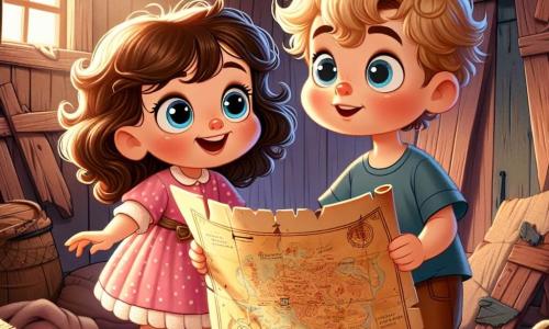 Uma menina de 4 anos, chamada Lili, com grandes olhos brilhantes e cabelos cacheados castanhos, veste um vestido rosa com bolinhas brancas. Ela tem um sorriso maravilhado e segura um velho papel amarelado, um tesouro de mapa do tesouro, em suas pequenas mãos. Ao lado dela, seu amigo Tomás, um menino de 4 anos com cabelos loiros bagunçados e uma camiseta azul, observa o mapa com curiosidade, os olhos arregalados. Eles estão em uma velha casa empoeirada, com paredes de madeira desgastadas e teias de aranha nos cantos, onde uma luz suave filtra através de uma janela quebrada. A cena mostra Lili e Tomás, animados e determinados, prontos para explorar e descobrir o mistério do tesouro escondido, cercados por móveis antigos e objetos esquecidos.