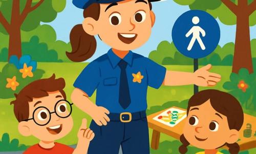 Una joven policía sonriente, vestida con un uniforme azul brillante y una gorra suave, se encuentra en el centro del parque. Tiene el cabello castaño recogido en una coleta y ojos brillantes de alegría. Les muestra a los niños cómo cruzar la calle de manera segura, con una gran sonrisa cálida. A su derecha, un niño de 7 años, con gafas y una camiseta roja, levanta la mano para hacer una pregunta, su rostro es curioso y entusiasta. A su izquierda, una niña de 6 años, con trenzas y un vestido de flores, sostiene un casco de bicicleta, lista para aprender. El parque está lleno de verdor, con grandes árboles de hojas verdes y flores coloridas que bordean los senderos. Hay mesas dispuestas con juegos y dibujos, creando un ambiente alegre y acogedor. La situación principal muestra a la policía explicando a los niños cómo cruzar la calle de manera segura, con gestos claros y expresiones alegres, mientras los niños la escuchan atentamente, cautivados por sus consejos.