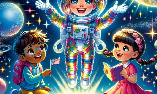 Een astronaut, Mevrouw Ster, is een glimlachende vrouw met blond haar en sprankelende ogen, gekleed in een glanzend en kleurrijk ruimtepak. Ze zweeft vrolijk in de ruimte, omringd door schitterende sterren en kleurrijke planeten, terwijl ze een klein aardvlaggetje vasthoudt. Naast haar kijkt Tim, een 8-jarig jongetje met bruin haar en een bril, verwonderd met zijn armen wijd open alsof hij de sterren wil aanraken. Lisa, een 7-jarig meisje met vlechten en een roze jurk, maakt aantekeningen in een klein zwevend notitieboekje, gefascineerd door de schoonheid van het universum. De scène speelt zich af in de uitgestrektheid van de ruimte, waar sterren als diamanten op een diep zwarte achtergrond schitteren, en de aarde eronder verschijnt, blauw en groen, verlicht door de zon. De hoofdactie toont Mevrouw Ster die de kinderen het belang van ruimteverkenning uitlegt, terwijl ze samen in hun ruimteschip zweven, vol nieuwsgierigheid en verwondering over de oneindigheid van het universum.