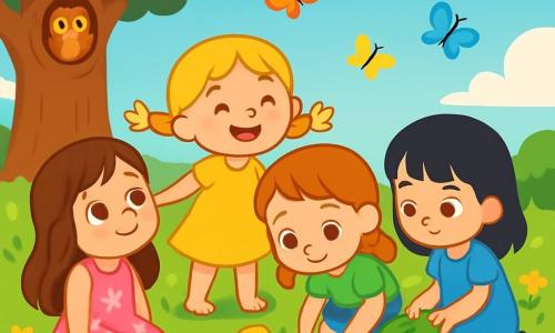 There are 4 children: - Lily: a 4-year-old girl with long brown hair, wearing a pink floral dress. She is sitting on the grass, her eyes sparkling with curiosity as she looks at the sky. - Rose: a 4-year-old girl with braided blonde hair, dressed in a yellow dress. She stands near Lily, smiling with her arms open as if welcoming nature. - Daisy: a 4-year-old girl with red hair, wearing a green t-shirt and denim shorts. She is crouched down by a small injured bird, her expression gentle and concerned. - Poppy: a 4-year-old girl with black hair, dressed in a blue dress. She is next to Daisy, holding a leaf to make a small nest for the bird, looking determined. The scene takes place in a sunny meadow filled with colorful flowers swaying in the wind. Colorful butterflies flutter around them, and a majestic tree stands in the background, with a hole where a wise owl hides. The sky is bright blue with fluffy white clouds. The main situation shows the four girls gathered around a small injured bird, their faces full of compassion. They care for it tenderly, creating a small nest with leaves and twigs, while sharing smiles and laughter, illustrating the beauty of friendship and helping one another.