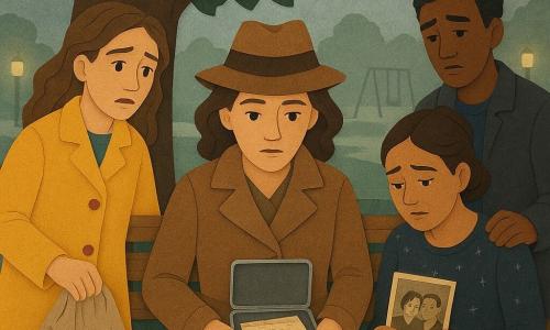 The main scene shows Mira, an adult detective with a focused yet gentle face and bright eyes, wearing a light brown textured-paper coat, sitting calmly and determinedly on a wet wooden bench under a large oak and holding a small open metal box on her lap; to her left stands Lena, an adult librarian with a worried but relieved expression in a bright yellow paper-cut coat, looking at the box and clutching a crumpled canvas bag; to her right sits Kendra, an archivist in her thirties with tied-back hair and a paper-cut starry sweater, hands trembling as she holds a yellowed old photograph, visibly moved and nostalgic; a 17-year-old volunteer, Omar, stands slightly back with a crumpled PearlMart bag, humble and contrite in layered dark-paper clothing; the old bench has a lighter replaced slat revealing a small compartment with a metal box and a red-waxed sealed envelope, and the open box reveals an ancient document; the misty post-rain park shows gravel paths, dark-cut leaves, a reflective puddle, blurred swings and soft pale yellow paper-lamp lights — a calm, solemn, warm moment of revelation rendered in flat textured layers with torn edges and stylized shadows.