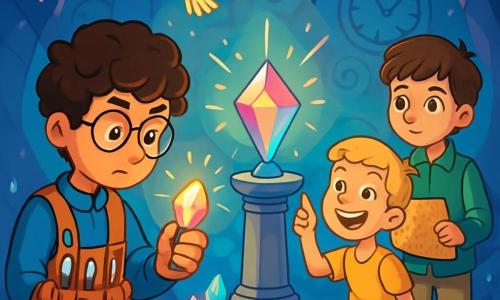 There are three characters: Arin, a 12-year-old boy with curly hair and round glasses, wearing a blue tunic and a vest filled with tools, is focused on a small shiny device in his hand. Tarek, an 11-year-old boy with blond hair and a wide smile, is sitting on a rock in a yellow t-shirt and denim shorts, laughing and pointing at a glowing bird flying above them. Zephyr, a 12-year-old boy with brown hair and thoughtful eyes, stands slightly back in a green shirt and beige pants, holding an ancient map with a curious expression. The setting is the Time Caves, a vast underground space illuminated by sparkling crystals, with spiral patterns and ancient clocks on the cave walls, filled with a palpable magic. At the center, a stone pedestal supports the Crystal of Chronos, shining with multicolored light and casting dancing shadows on the walls. The main scene shows the three friends discovering the Crystal of Chronos, with Arin approaching the pedestal, Tarek joyfully laughing, and Zephyr attentively observing, all amazed by the beauty of the crystal and the magical atmosphere of the cave.