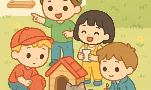 Vier Kinder, alle 4 Jahre: Emil, blond kurz, rote Kappe, hockt links und hält einen halbzerissenen roten Ball; Ben, braun zerzaust, grüne Kappe, steht hinter Emil und zeigt auf die Katzenhäuschen; Mo, schwarzes kinnlanges Haar, gelbe Latzhose, lacht und hält ein kleines Notizheft rechts von Emil; Timo der Detektiv, hellbraunes Haar, blauer Mantel, kniet vor dem Häuschen mit Bleistift hinter dem Ohr und offenem Notizbuch auf den Knien. Außerdem eine schlafende getigerte graue Katze Mia mit grünen Augen neben einem kleinen Holzkatzenhaus mit rotem Dach und einem Stück roten Gummis. Schauplatz: sonniger Hausgarten mit Gras, kleinen gelben Blumen und Gänseblümchen, links eine Holzschaukel und hinten ein dichter grüner Busch. Szene: die vier kleinen Ermittler finden hinter dem Katzenhaus den halbzerissenen roten Ball, Stimmung fröhlich und neugierig, sanfte Schatten und pastellige, klare, luftige Komposition mit Fokus auf Ball und Kinder.